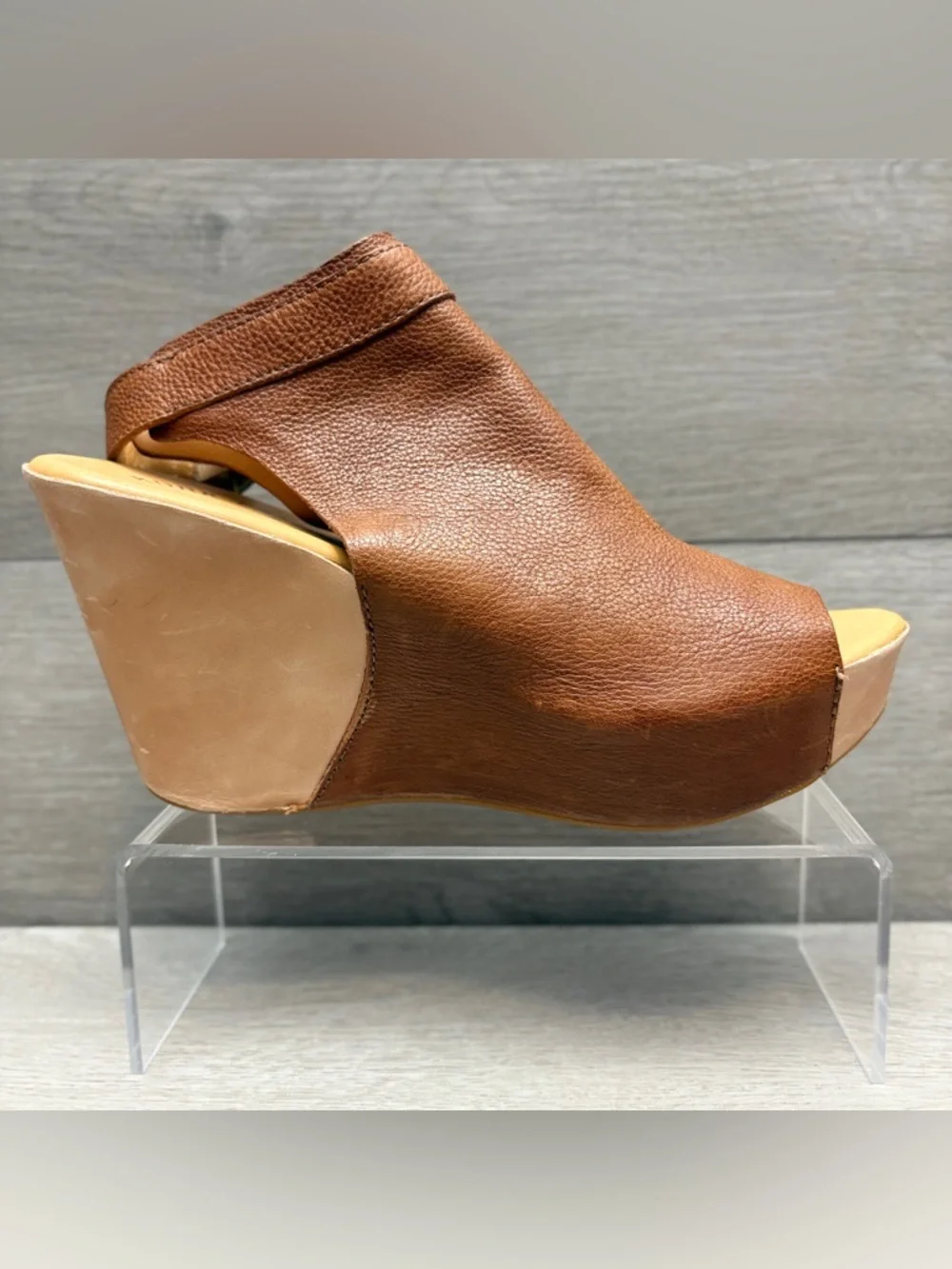 Kork-Ease Berit Brown Leather Peep-Toe Wedge Sandals with Slingback Strap 8 - Picture 6 of 12